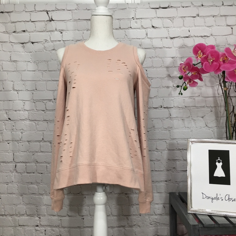 Distressed Open Shoulder Back Zip Sweatshirt